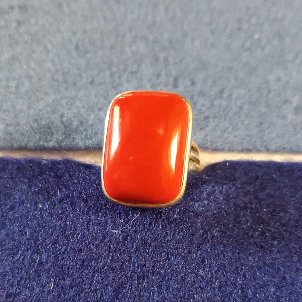 Elegant Red Coral Stone Ring, Sterling Silver